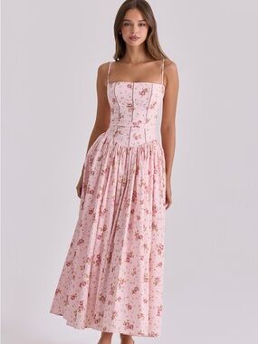 House of CB YSABELLA Pink Vintage Rose Print Cotton Midi Sundress NWOT
